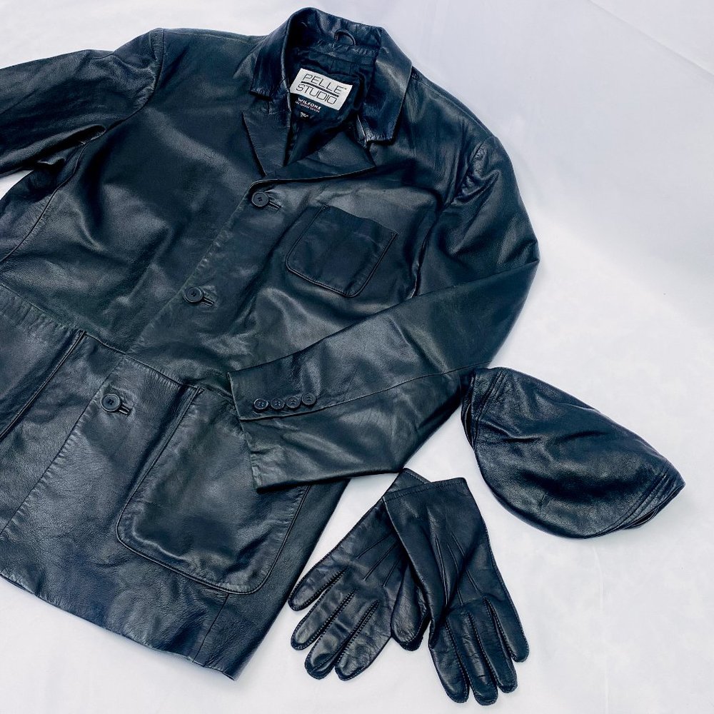 Vintage Pelle Studio Men's Leather Jacket Set W/ Jeff Cap Hat & Driving Gloves